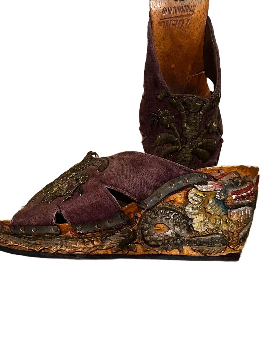Vintage Indonesian Toeing Taskimalaya Wooden Carved Sandal One Of A Kind Size 38